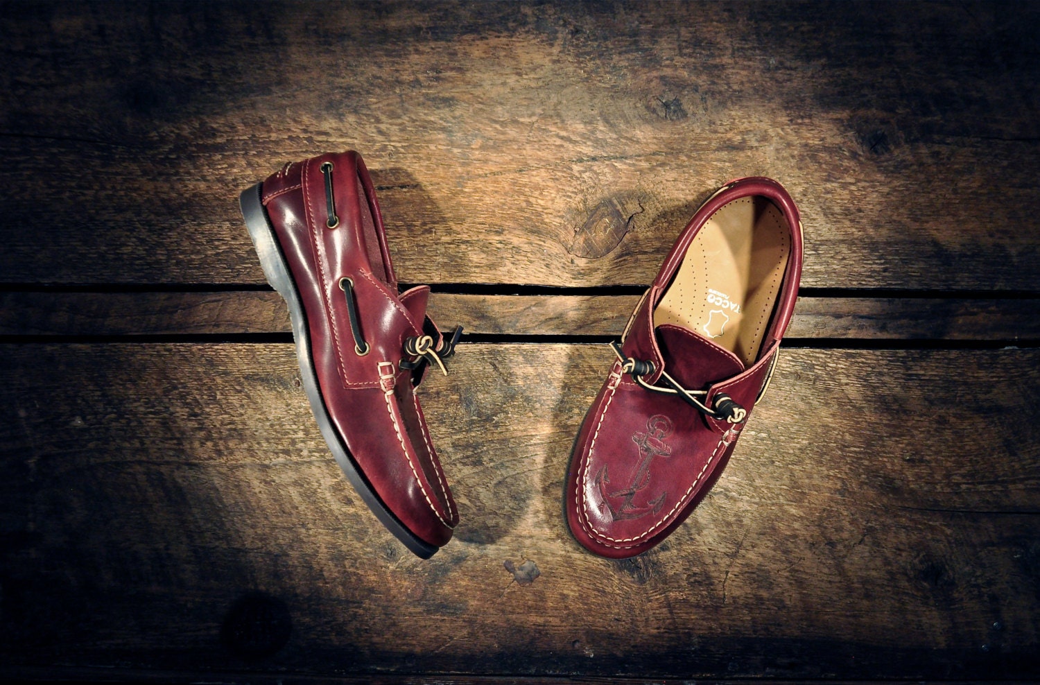 Handcrafted Leather Boat Shoes - Reddish Maroon Horween Cowhide - Waxed Tan Linen Thread - Etched Anchors - CUSTOM Made To Order