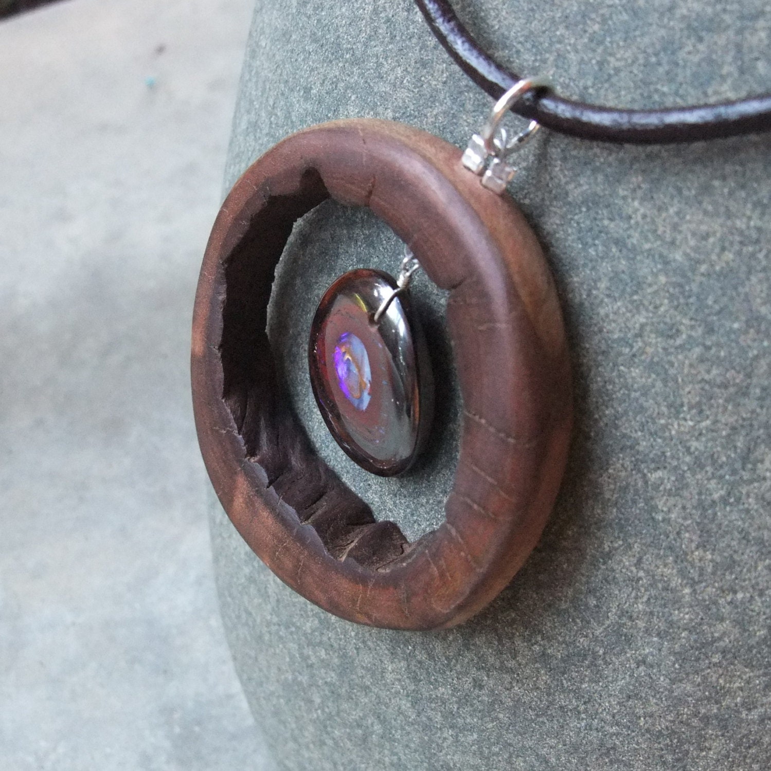 Boulder Opal pendant necklace - unique Opal & wood  statement jewelry handmade in Australia