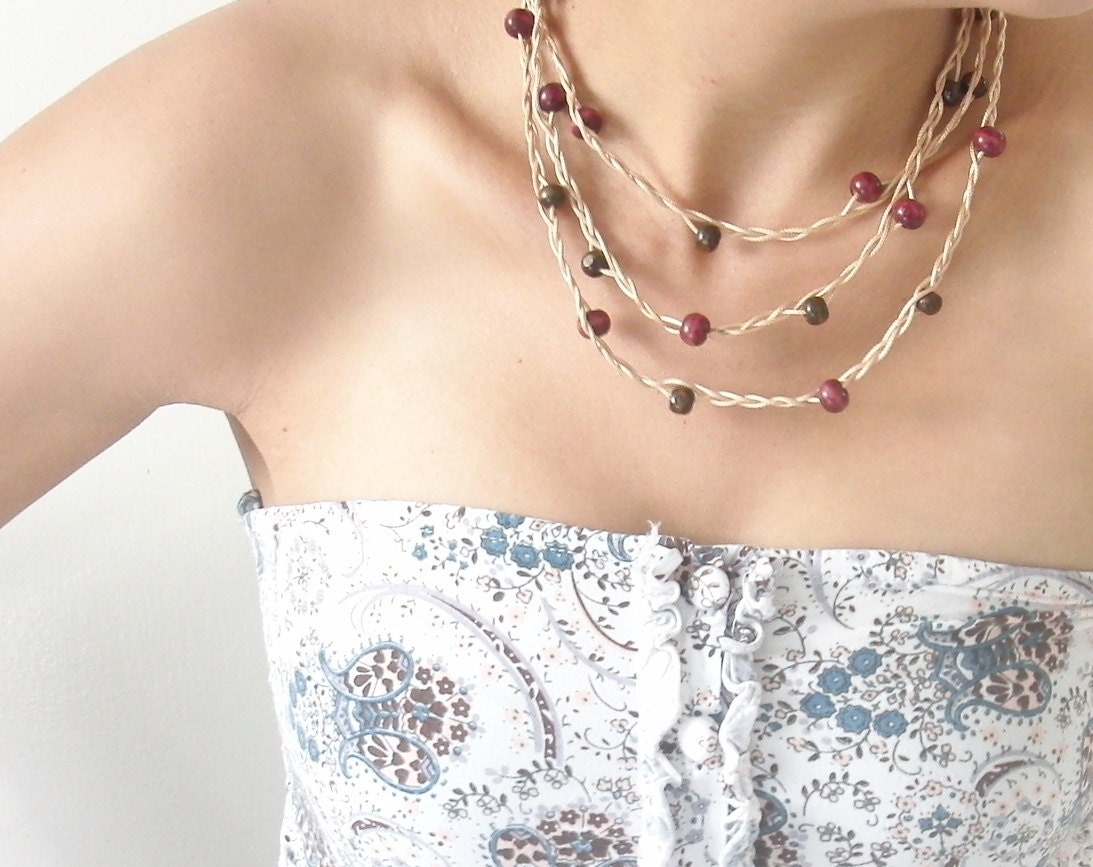 Brown and Wine Tone Wood Beads in a Gold Tone Cord Necklace Bracelet Hair Accessory or Belt