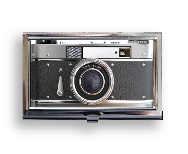 Business Card Case Black Silver Camera Metal Case Fits Business, Credit, Debit and Gift Cards