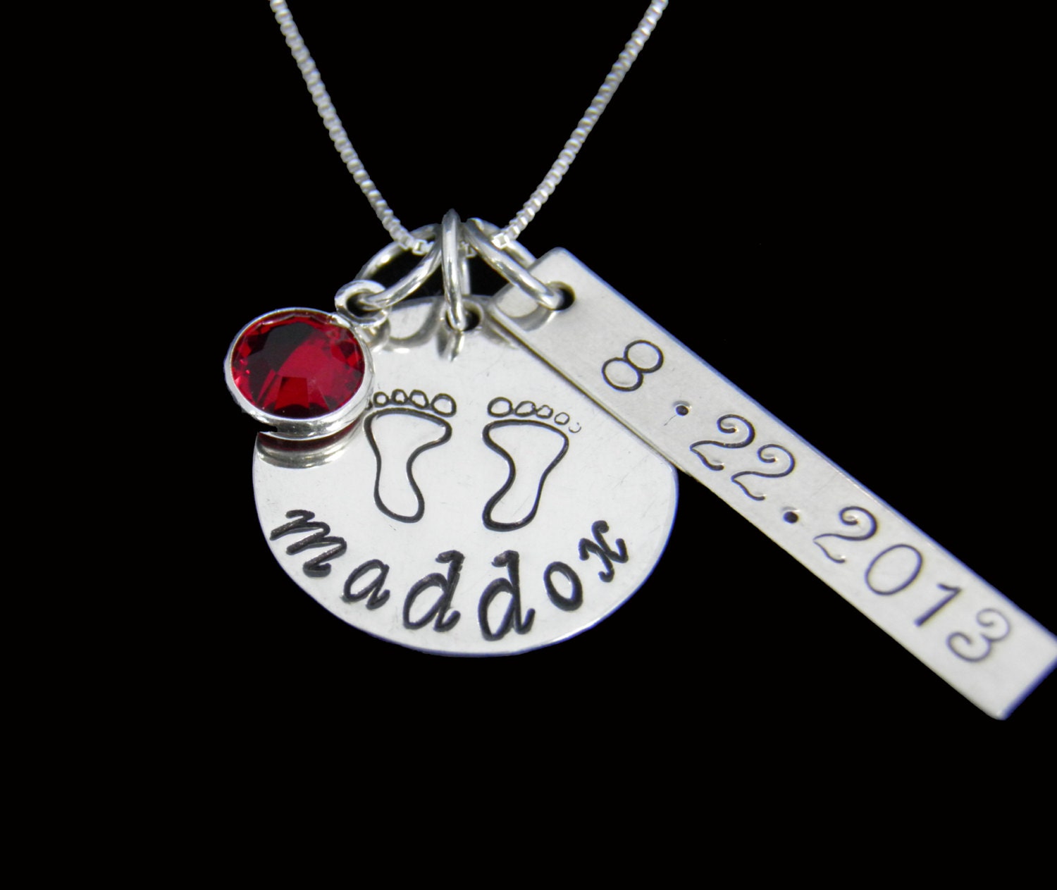 Personalized Name, Date, Baby Footprints Sterling Silver Necklace - Custom Hand Stamped