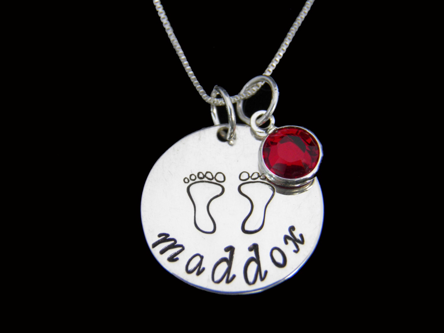 Personalized Name, Footprints, & Birthstone Sterling Silver Necklace - Custom Hand Stamped