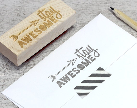 Stay Awesome Rubber Stamp: Wood Mounted - Arrow, Arrowhead, Southwestern, Stripes, Geometric, Grey, Modern Typography, DIY Stationery