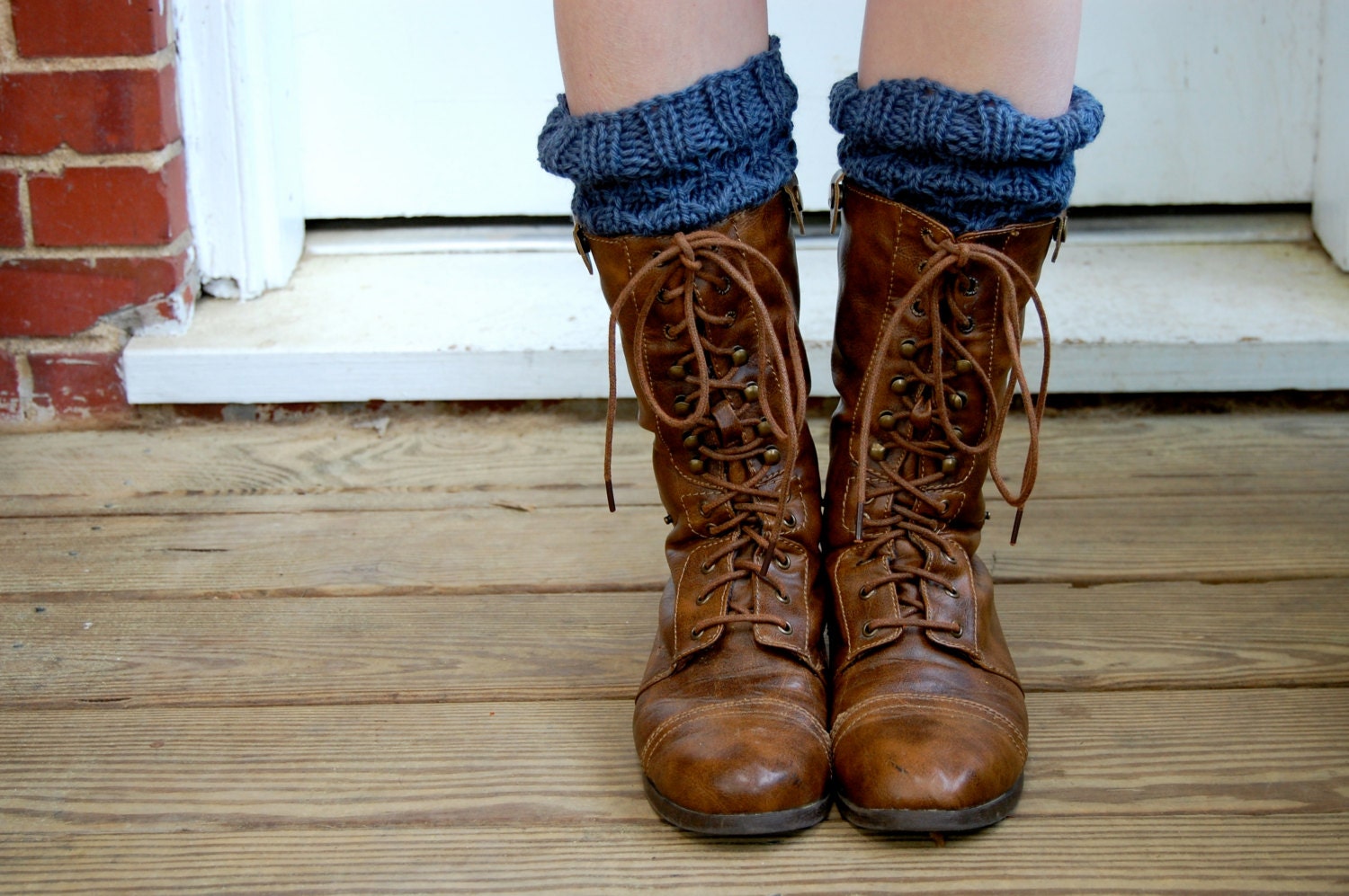 Knitted Boot Cuffs, Boot Toppers, in Slate Blue Wool, Honeycomb Texture