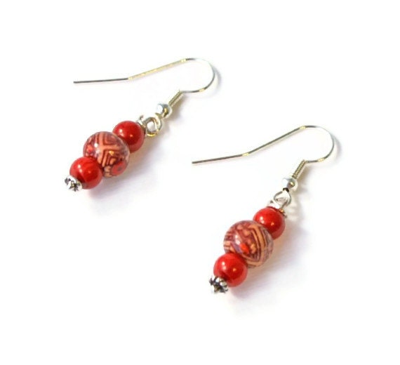 Coral and Wooden Beaded Earrings, Coral Jewelry, Beaded Jewelry, Handmade Earrings