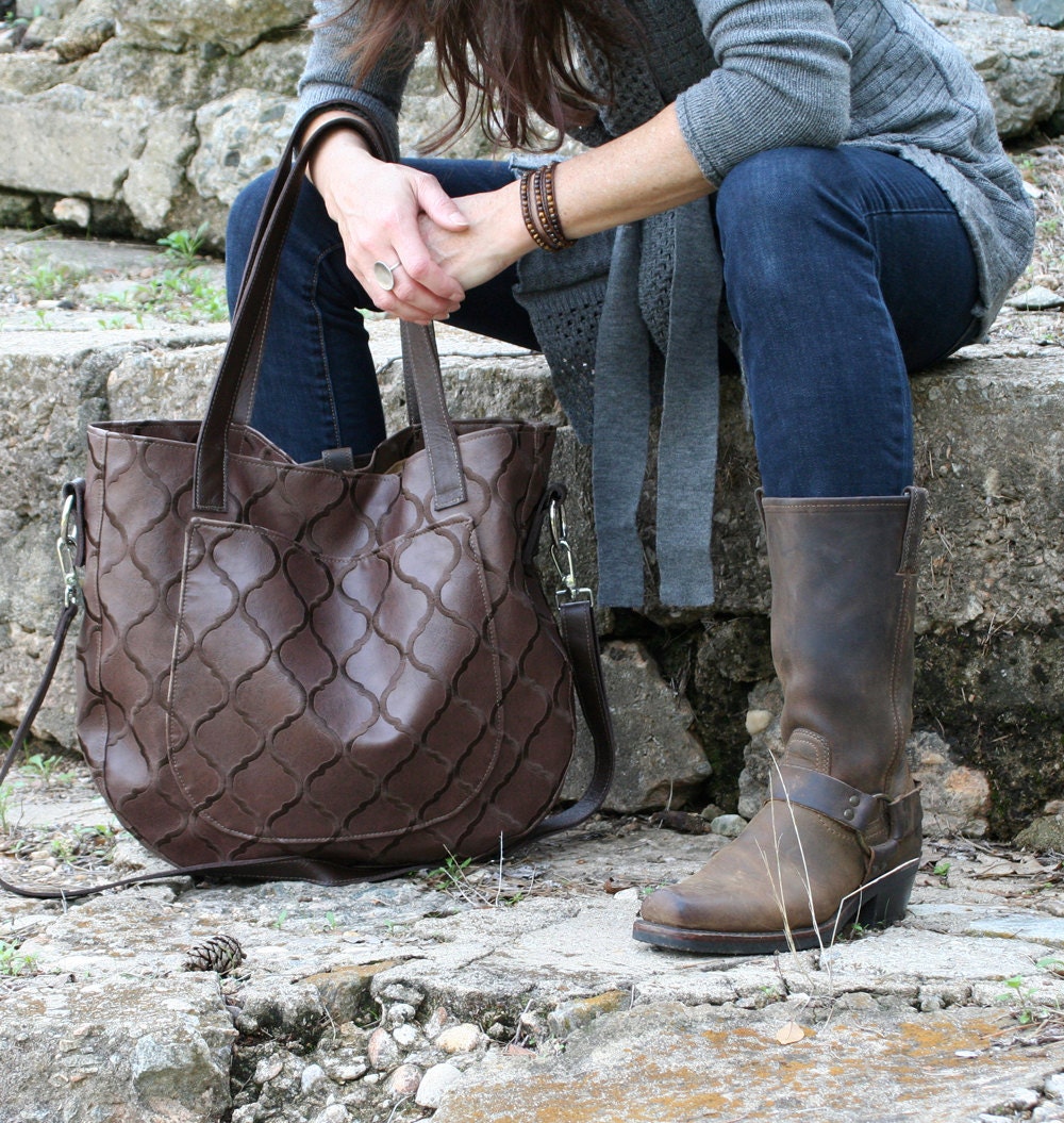 DOUBLE HANDLE URSULA Faux Leather Tote in Espresso Morocco - Oversized - Day Trip Bag - Carry on Bag -Stealth Diaper Bag - Eco-Friendly