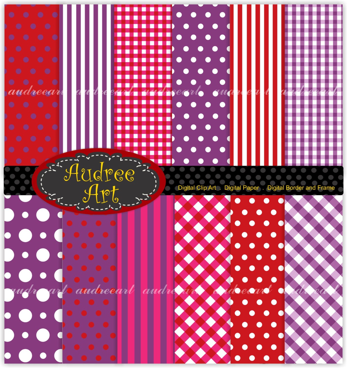 Digital paper, digital backgrounds , check pattern , chevron paper , polkadots -No 40 , 12 sheets , purple red , hot pink color