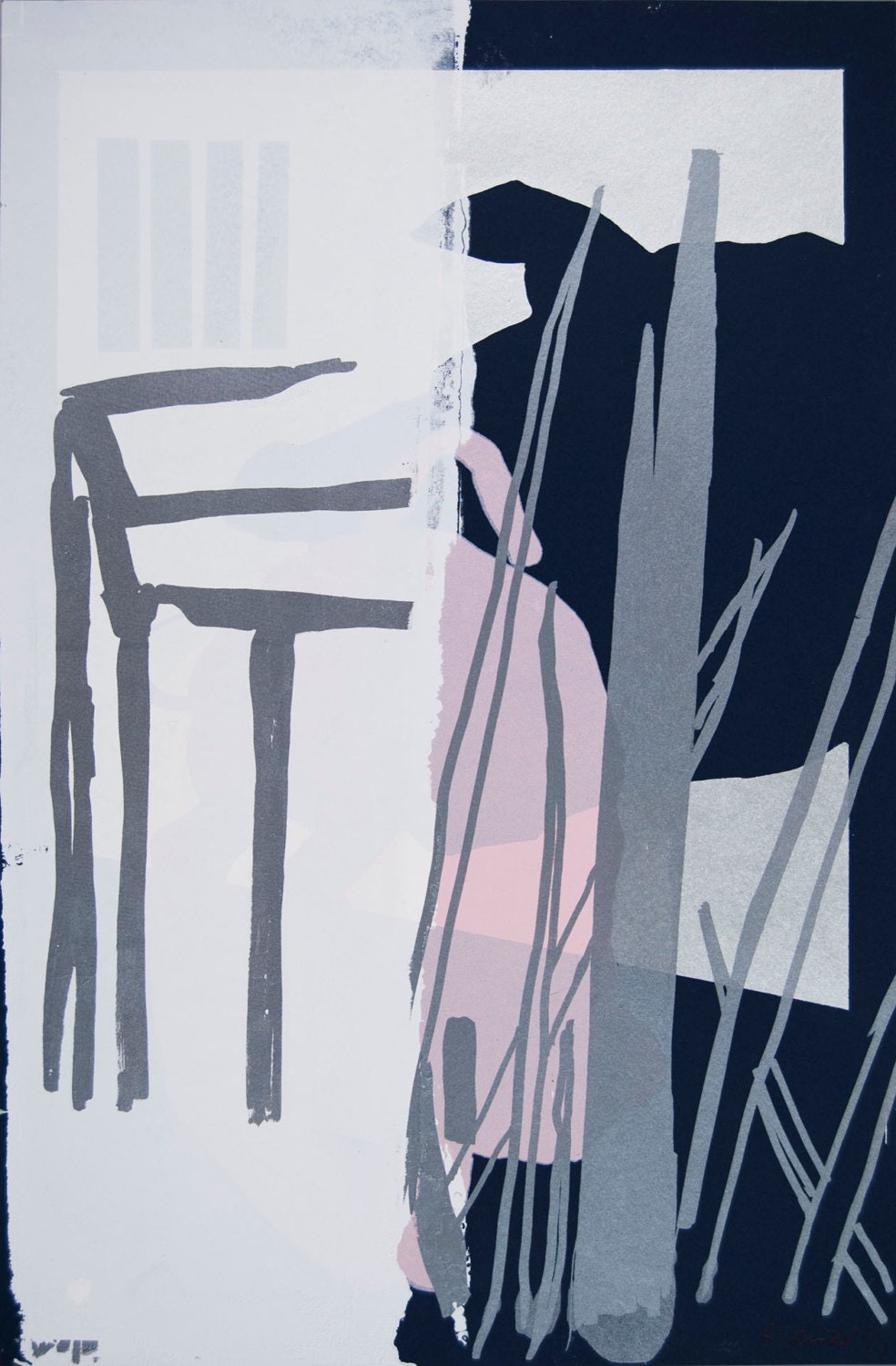 Mono-print with Navy, Pigs, and Grass
