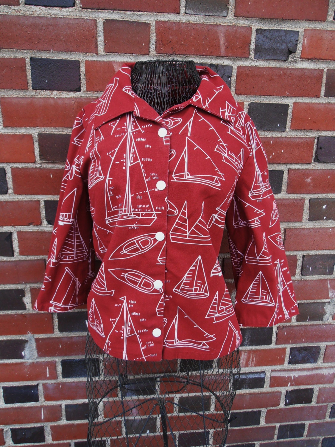 Nautical Blazer Red Sailboat Jacket Rust Colored Snappy Button Down Outerwear L/XL