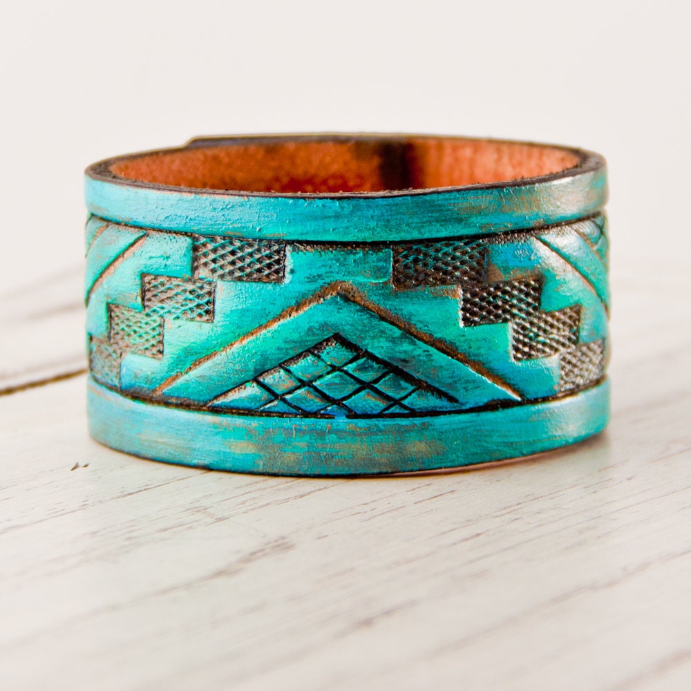 Turquoise Jewelry Bracelet Cuff Tribal, Native, Geometric, Upcycled Leather - Festival