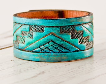 Turquoise Jewelry Bracelet Cuff Tribal, Native, Geometric, Upcycled Leather - Festival