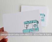 CHOOSE your color Set of 24 Sew Happy Mini Cards, Sewing, Sewing Machine, Illustration, Quote, Note cards, 2.75 x 4.25 inches