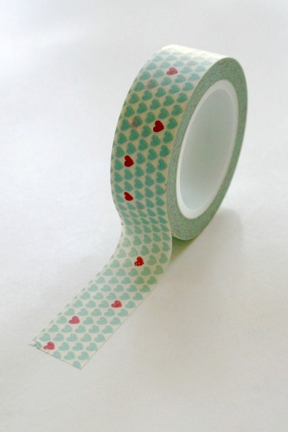 Washi Tape - 15mm - Aqua Pink Hearts Design - Deco Paper Tape No. 262