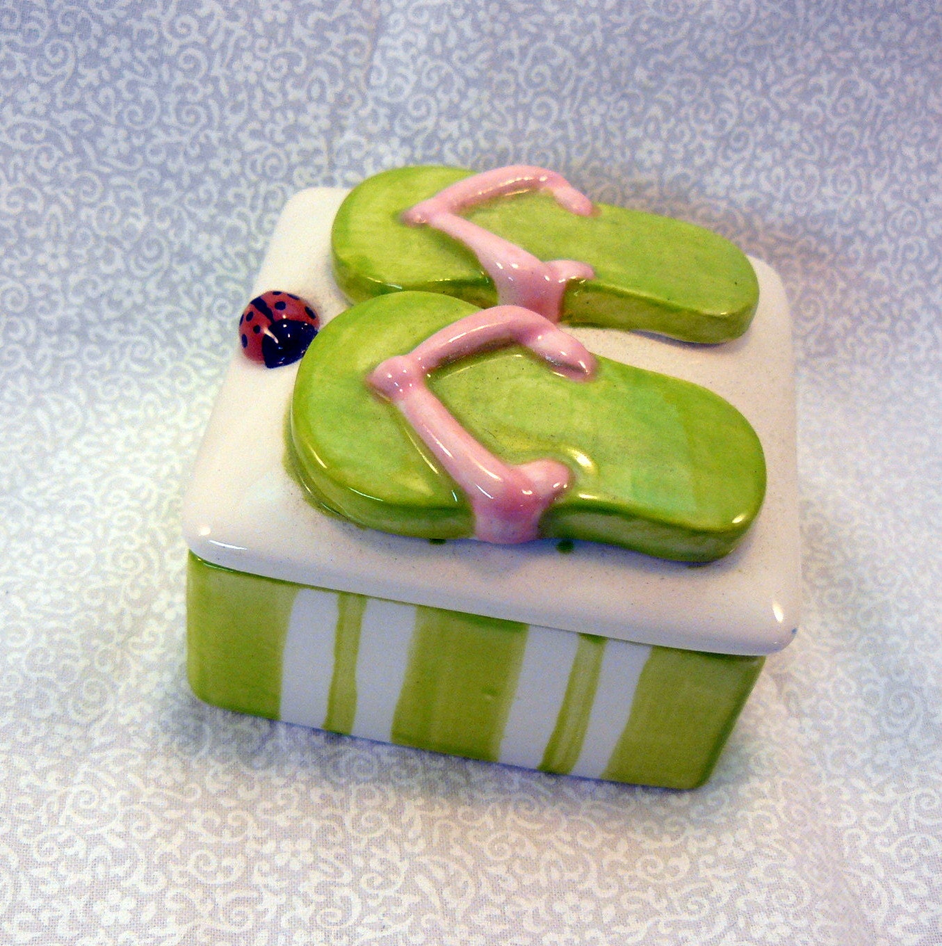Ceramic Keepsake Box  Flip Flop Lime Green Pink