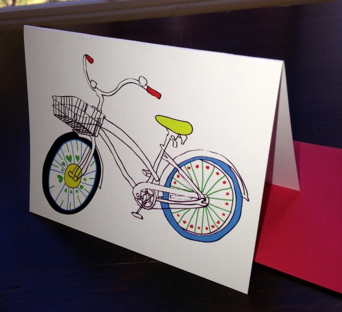 SALE - Hand-drawn Bicycle Folded Notecards with Sweet Red Envelopes (A1) (set of 5). Bicycle Note Cards. Hand Drawn Bike Note Cards.