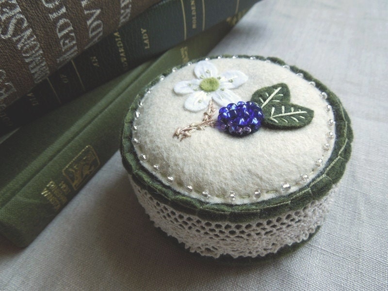 Flower Pincushion with Blackberry Embroidered Wool Felt Pincushion