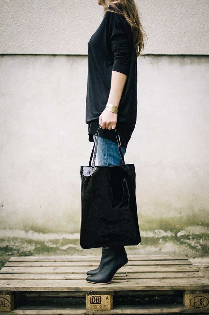 Black Patent Leather Tote, every day tote bag