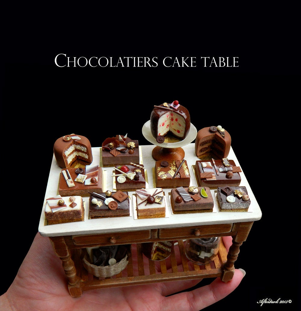 Luxury Chocolatiers Cake Table  - Artisan fully Handmade Miniature in 12th scale. From After Dark miniatures.