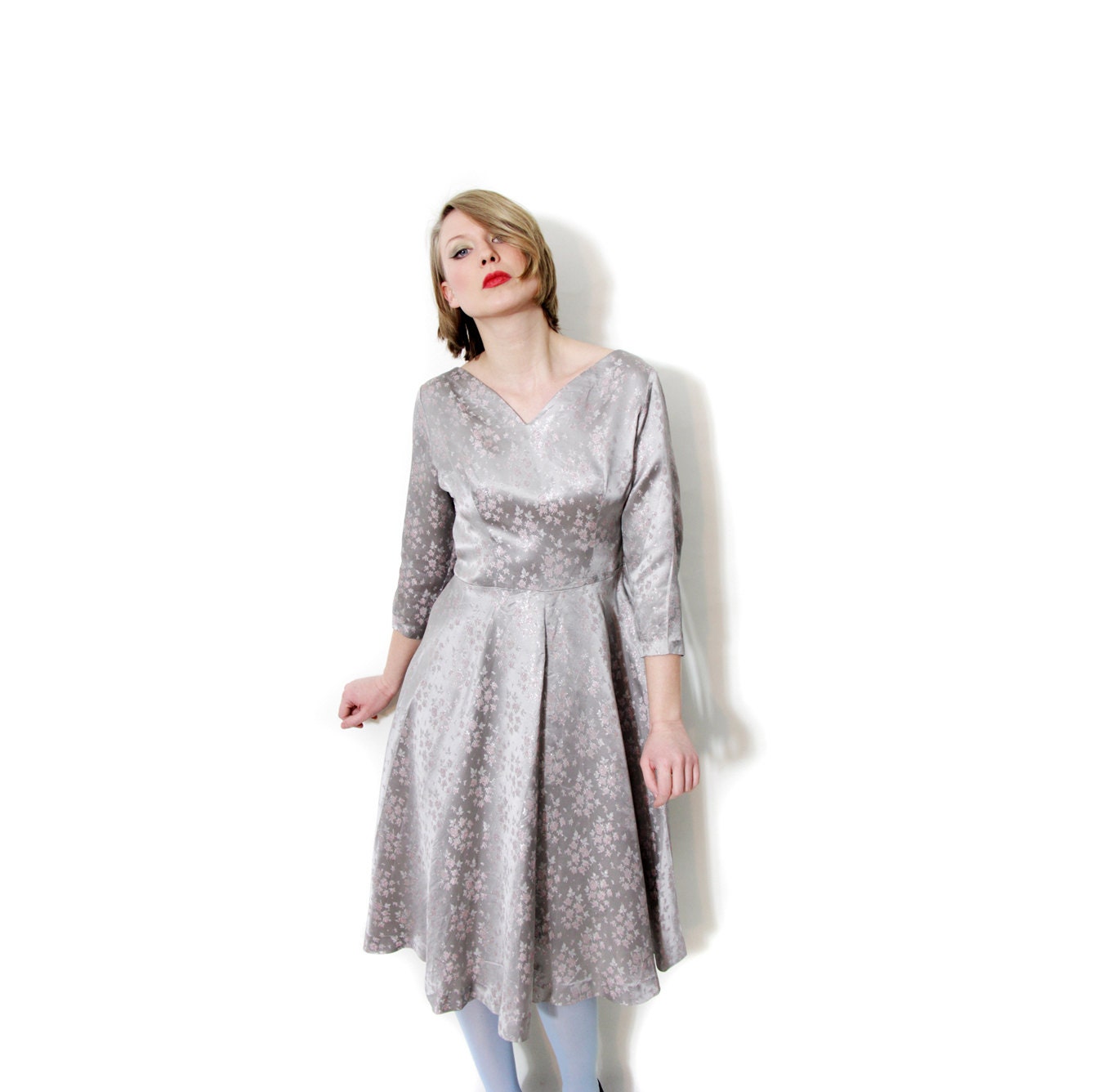 Vintage dress / 50s gray and pink floral dress / size M