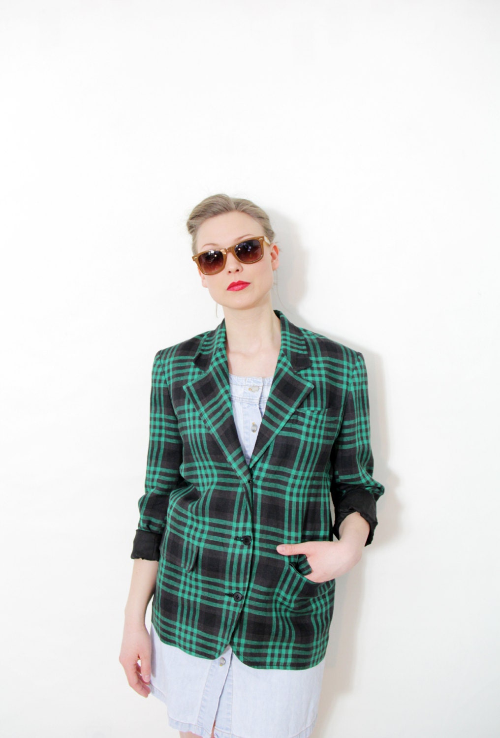 Vintage blazer / Georges Rech green and black plaid linen jacket / size M-L