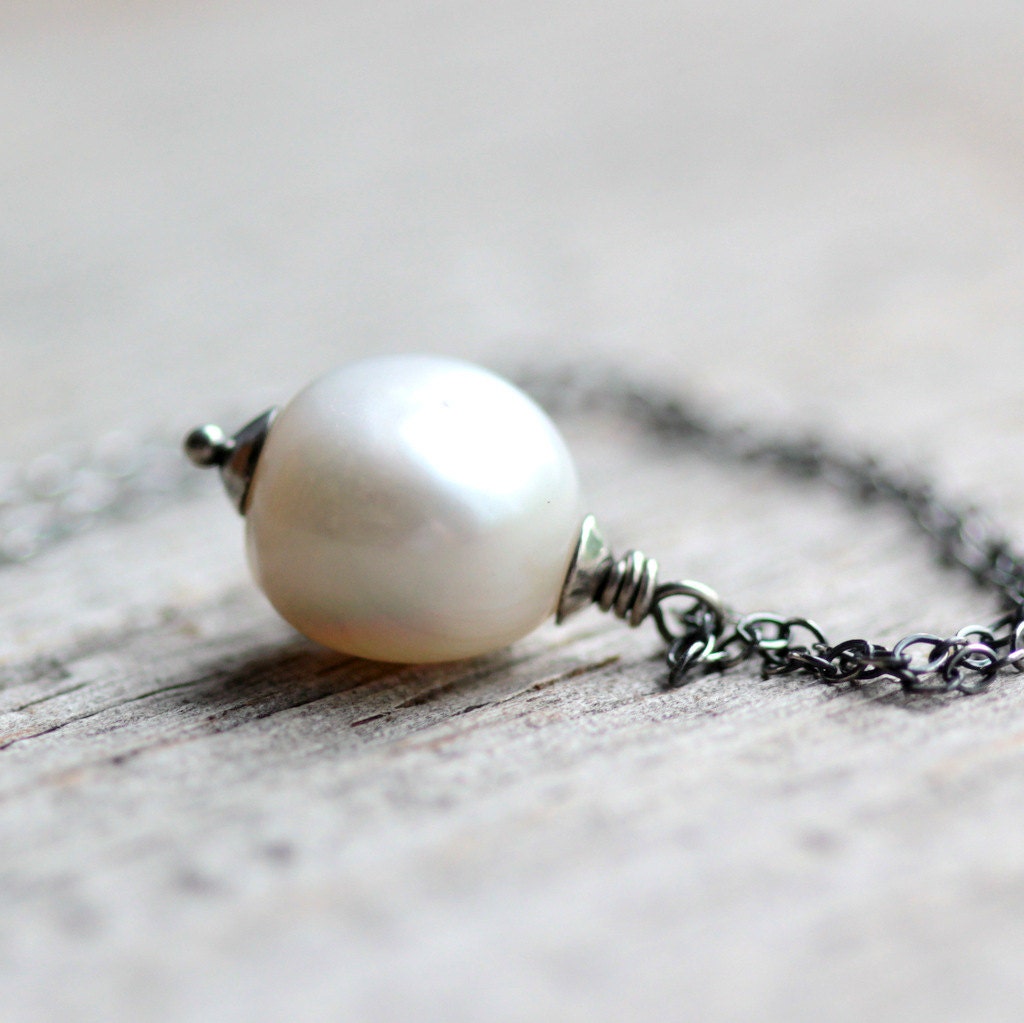 June Birthstone Large Pearl Necklace on Sterling Silver Chain - Lotus Moon - Freshwater Pearl Pendant Summer Bride Wedding Fashion