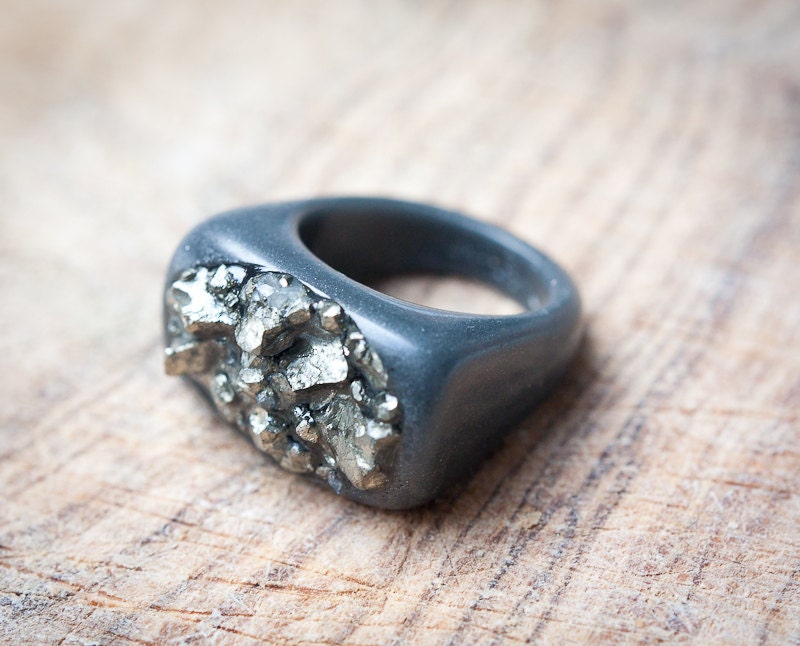 Rough Pyrite Resin Ring Oblong Square Shape Cocktail Ring OOAK size 9 dark gray silver rusteam