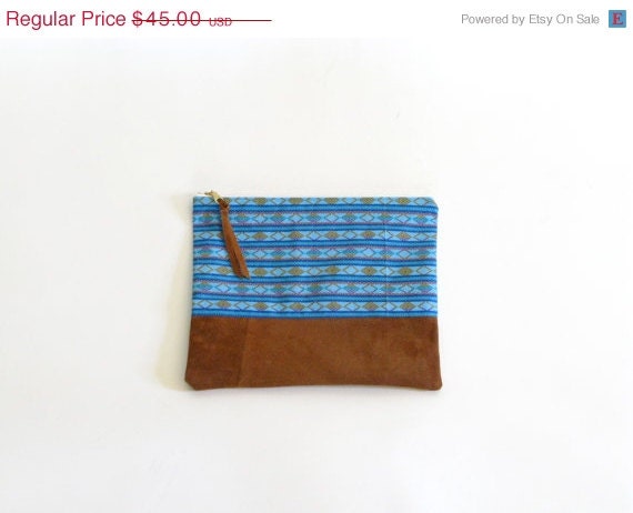 ON SALE Suede and Vintage Turquoise Geo Print Cotton Zipper Pouch