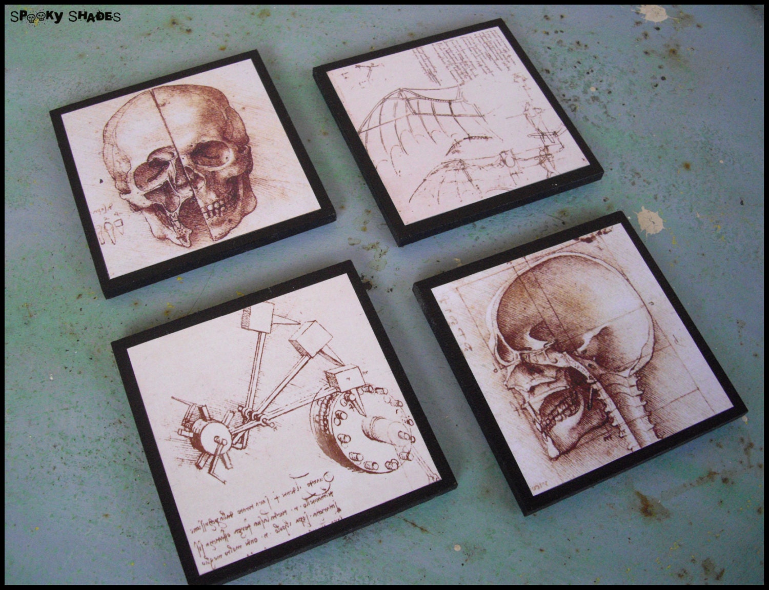 Da Vinci's Creed coasters - set of 4 wooden coasters - Steampunk decor, skull, skulls, Assassin's creed, Italy, anatomy skeleton