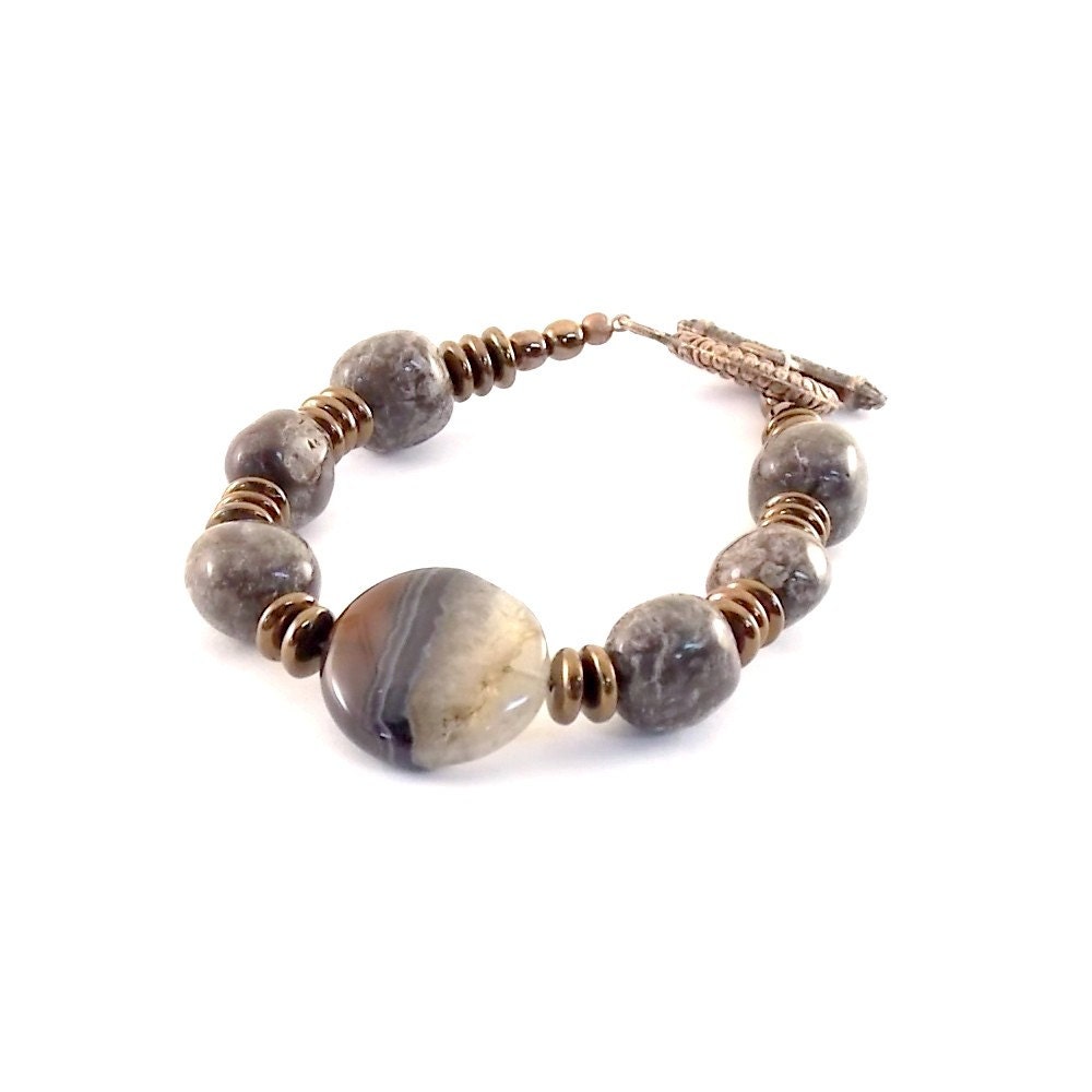 Travertine Onyx Bracelet Brown Snowflake Jasper, Bronze Antique Copper Beaded