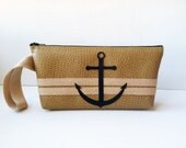 anchor nautical clutch - black anchor & khaki stripes on tan vegan leather  : "ginger or mary ann"