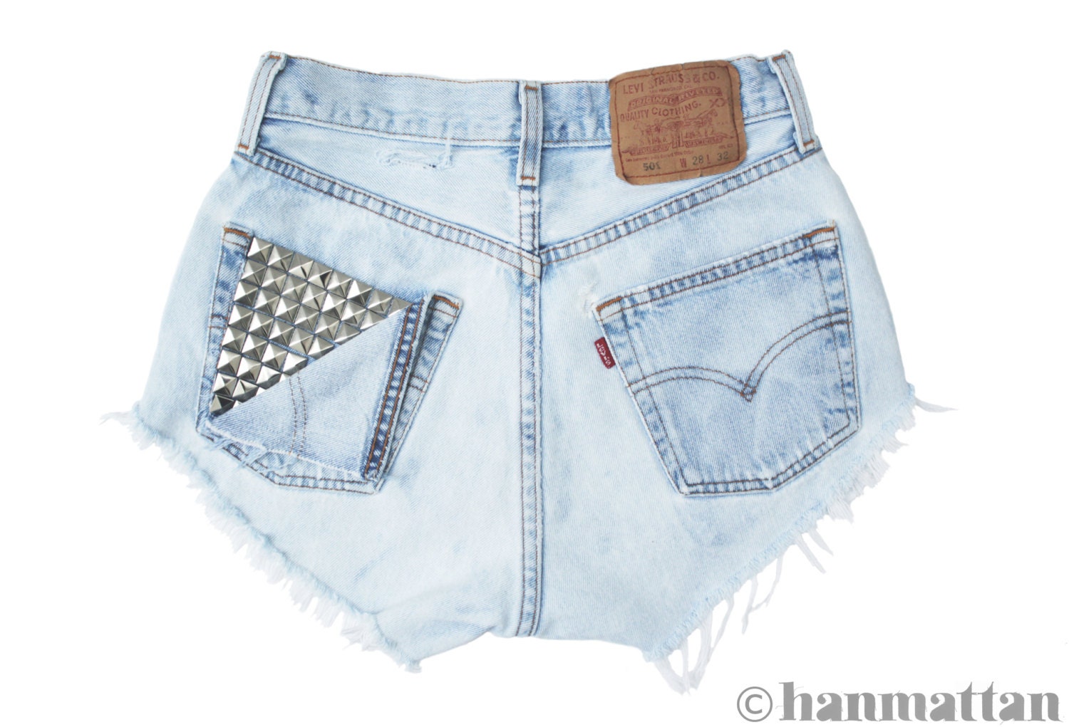 ALL SIZES "PEEK" Vintage Levi high-waisted denim shorts light blue studded pocket distressed frayed jeans