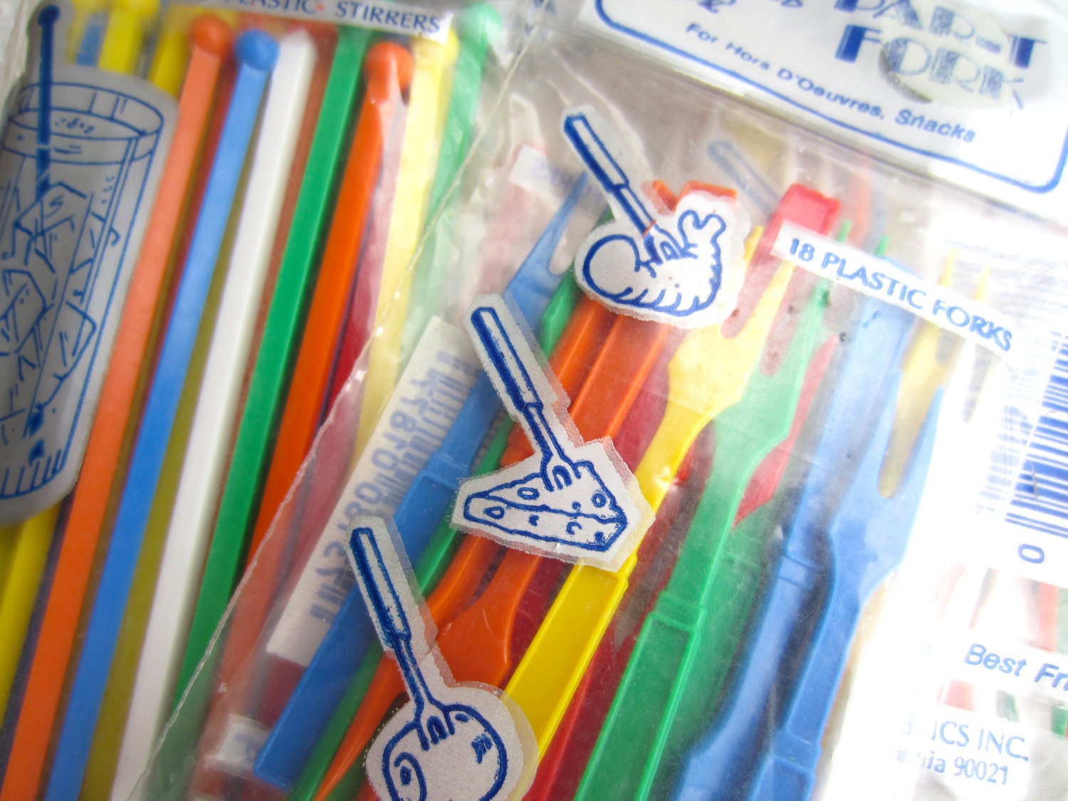Vintage Colorful Plastic Stir Stix and Party Forks Cocktail Stir Sticks Retro Party Time