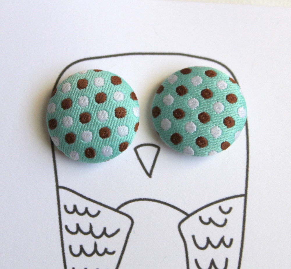 Lovely Button Earrings in Teal, Brown and White by Uptown Avenue