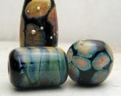 Handmade Lampwork Glass Bead Set of 3, Black Raku Fine Silver Wire - Now on Sale