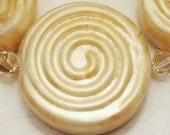 SRA Lampwork Glass Bead Set -  Spiral Tab Iridescent Gold Cream Beige Chunky with Swarovski Crystals Jewelry Supply 'Cleopatra'