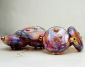 SRA Lampwork Glass Bead Set Iridescent Lentils Reactive Topaz Blue Fuchsia 'Vivid Sunset'