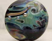 SRA Lampwork Glass Bead, Organic Lentil Focal Bead - Black Aqua Blue Iridescent ' Aerial'