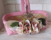 Personalized Rustic Antique White Flower Girl Basket With Pink Flowers