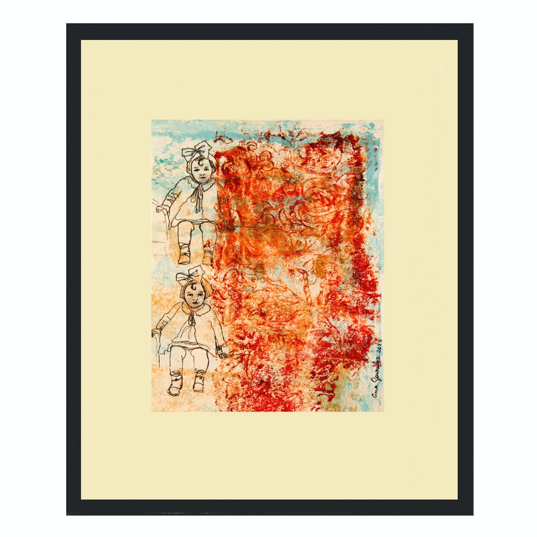 Original Painting paper, 8x10 nursery wall Art, little old girl, red turquoise green black. drawing ink Spanish Modern Art