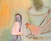 Original abstract Painting large canvas 40x24 mixed media expressionist girl,  turquoise ocher green cobalt blue pink Modern wall Art