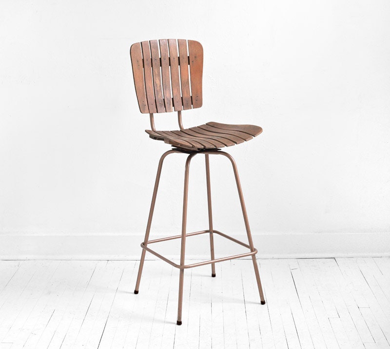 Vintage Arthur Umanoff Style Bar Stool - Chairs, Mid Century, Modern, Wood, Slatted