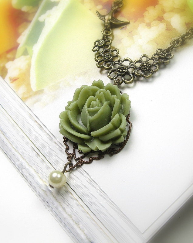 Victorian Style Necklace, Light Olive Green, Gifts for Gardeners, Art Nouveau, Ivory Pearl, Pantone Color, Tender Shoots, Gifts for Mom