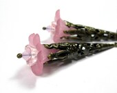 Pink Victorian Style Flower Earrings, Long Light Rose Dangle Earrings, Swarovski Jewelry, Antiqued Brass, Feminine Gifts, For Her