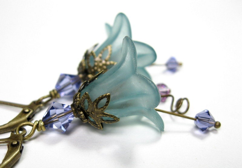 Vintage Style Purple Teal Lucite Flower Dangle Earrings, Gifts for Gardeners, For Her, Womens Accessories, Swarovski Jewelry, Grayed Jade