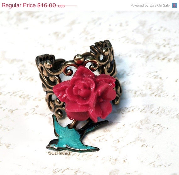 Holiday SALE Star Posey with Teal Sparrow Ring. Red Star Flower Ring. Adjustable. Cocktail Ring.