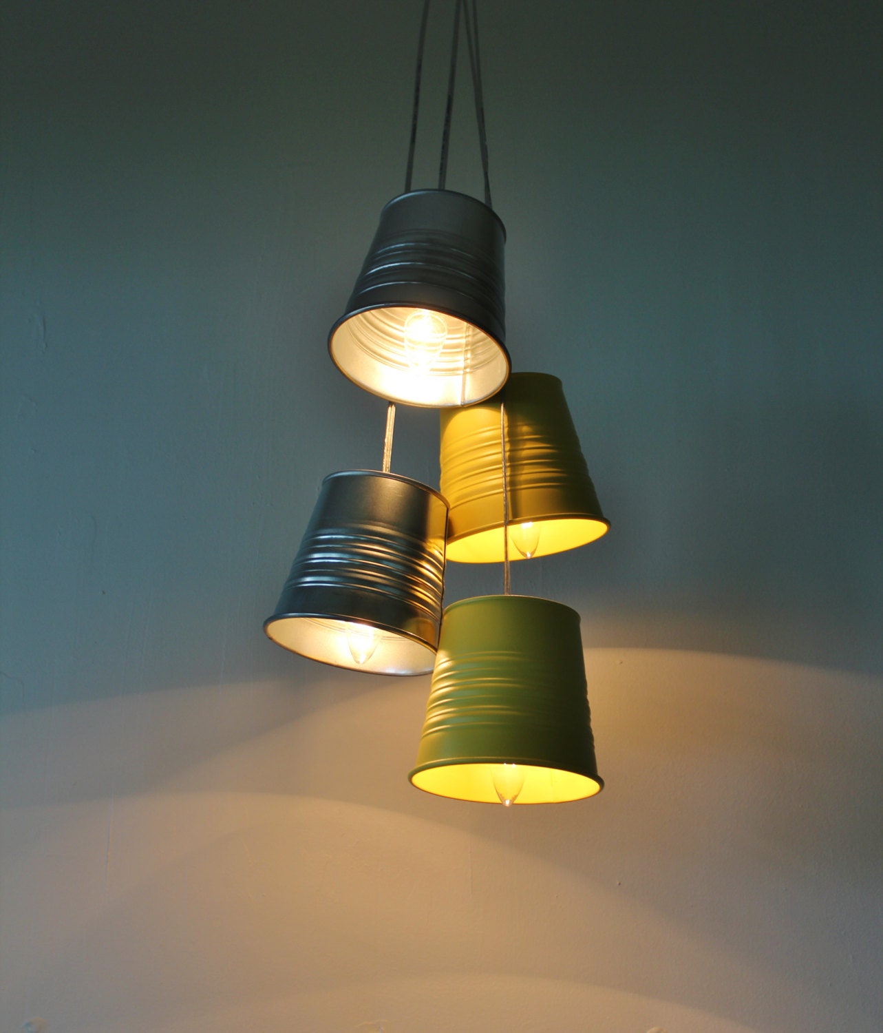 Garden Plant Pot Chandelier - Upcycled Hanging Pendants Chandelier featuring Galvanized Silver and Yellow Metal Planters - BootsNGus Lamps