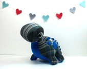 Eco Plush Brontosaurus Dinosaur in Plaid Wool with Bright Blue Accents - Handmade with Upcycled, Recycled, & Eco Friendly Materials