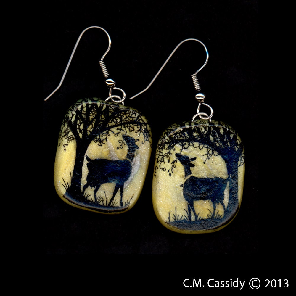 A Dairy Goat with a  Tree Earrings. Black and Yellow . Original India Ink Drawing on Polymer Clay 3104