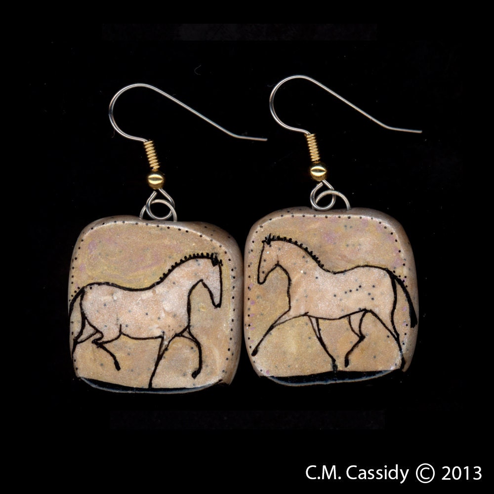 Gold on Gold Horse Earrings. Black, Gold and Gold. Original Ink Drawing on Polymer Clay 3108