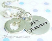 Teacher gift necklace - Handstamped charm jewelry - Apple charm necklace